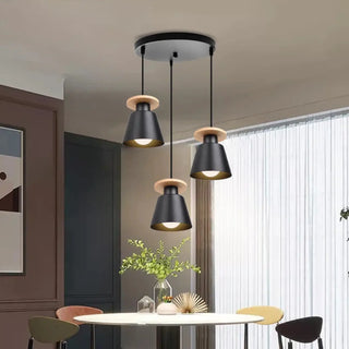 Nordic kitchen island pendant light with three wood fixtures, adjustable hanging lamp