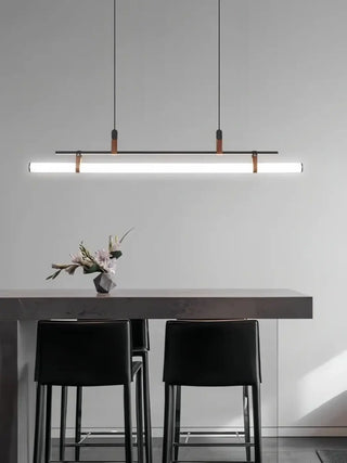 Industrial LED tube pendant light close-up, urban chic hanging ceiling lamp