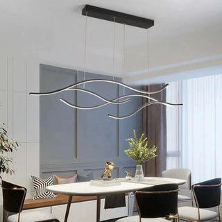 Modern acrylic wave pendant light close-up, elegant adjustable height ceiling lamp