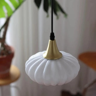 Gilded metal vintage pendant light, white opaline glass ceiling hanging fixture