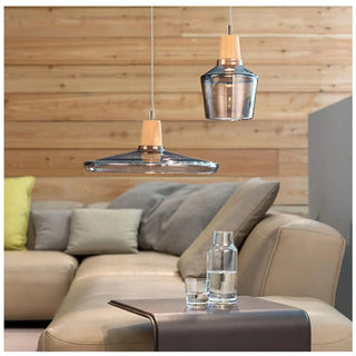 Contemporary glass suspension pendant, wood effect modern ceiling light