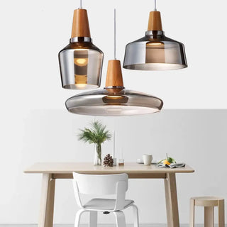 Modern glass pendant with wood effect finish, ceiling suspension lamp