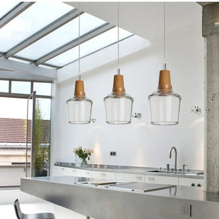 Designer glass pendant lamp, wood effect modern ceiling suspension light