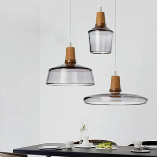 Glass pendant light, modern suspension lamp with wood effect finish