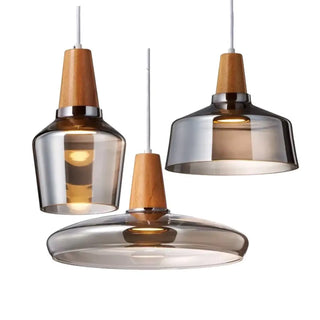 Glass pendant with wood finish, modern ceiling suspension hanging lamp