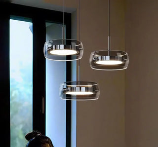 Smoked glass pendant light close-up, modern refined suspension ceiling fixture