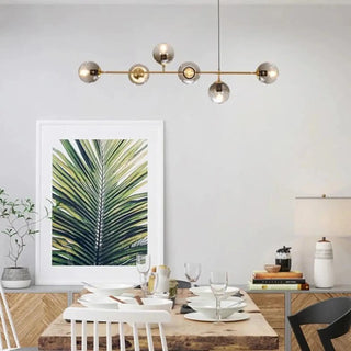 Glass pendant lamp close-up, modern designer hanging ceiling light with diffused glow