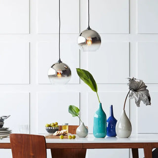 Gold-tinted round glass pendant lamp, modern ceiling fixture for dining room