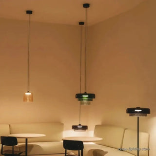Modern tinted glass hanging lamp — cozy bedroom ceiling fixture