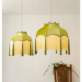 Industrial-style green pendant light, vintage retro hanging ceiling fixture close-up