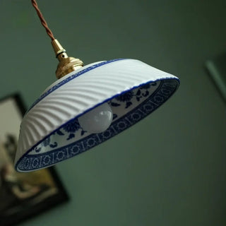 Handcrafted ceramic pendant light, vintage blue detail hanging fixture