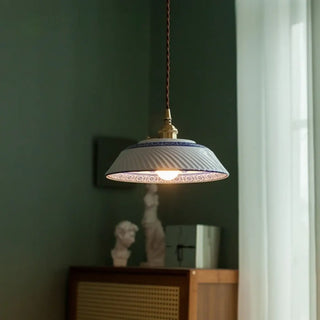 Vintage ceramic pendant light, blue detail suspension ceiling fixture