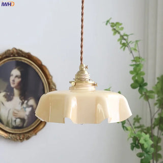 Vintage cream wavy ceramic pendant light, handcrafted artisan lamp for cozy living room