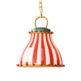 Red striped pendant light close-up, retro vintage hanging ceiling lamp detail