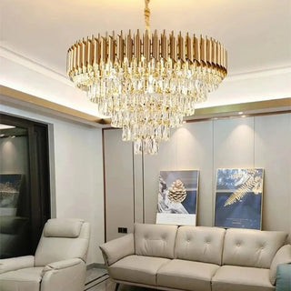 Waterfall crystal pendant lamp in dining room — glamorous gold chandelier