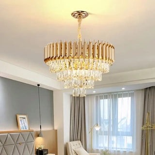 Gold crystal chandelier with waterfall cascade — luxury pendant light