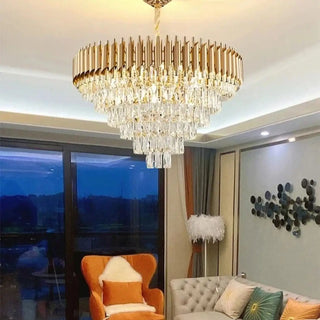 Crystal cascade chandelier detail — premium gold luxury ceiling fixture