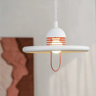 Disc-shaped pendant ceiling lamp in white and red, modern hanging light