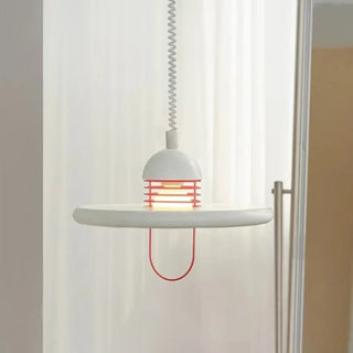 Modern sleek disc pendant ceiling lamp in white and red, hanging light fixture