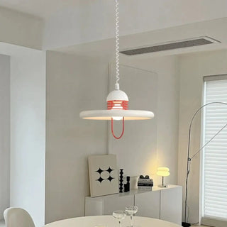White red disc pendant light close-up, modern sleek hanging ceiling lamp