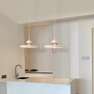 Modern white red disc pendant light, sleek hanging ceiling lamp for living room