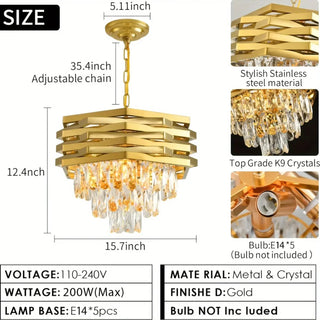 Crystal gold chandelier close-up, modern luxury chic contemporary ceiling lamp