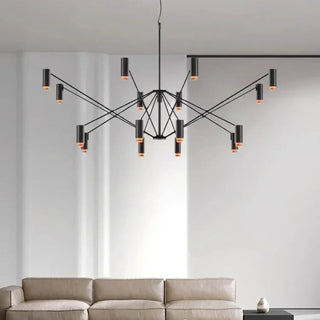 Multi-arm black pendant chandelier illuminated — adjustable spot lights