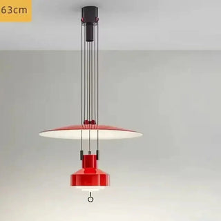 Modern red pendant light with circular diffuser, Scandinavian hanging ceiling lamp detail