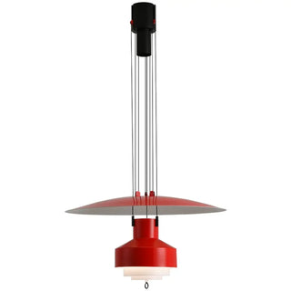 Scandinavian red pendant light in room setting, circular diffuser hanging ceiling lamp
