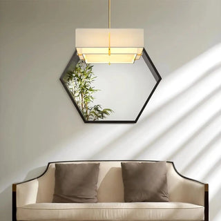 Elegant beige fabric pendant lamp with gold metal ceiling fixture, modern hanging light