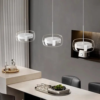 Transparent LED glass pendant light close-up, modern trio hanging ceiling lamp