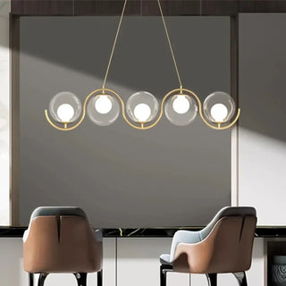 Designer golden pendant light close-up, adjustable dimmable hanging ceiling lamp