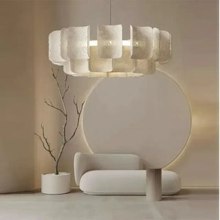 Modern sculpted glass pendant light with elegant ambient lighting, hanging ceiling fixture