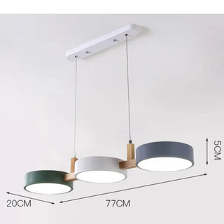 Triple round pendant lamp with wood and colored accents, Nordic hanging ceiling light