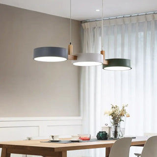Triple round wood pendant lamp, Nordic modern hanging ceiling light for dining room