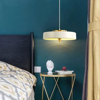 Designer flat pendant light with gold details, elegant living room ceiling fixture