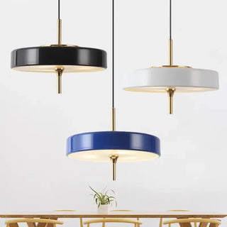 Modern flat pendant with gold trim, designer hanging lamp for contemporary spaces