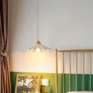 Brass pendant lamp with wavy shade, retro chic hanging ceiling light