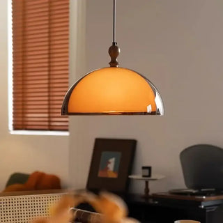 Orange dome retro pendant lamp, brown metal cozy dining ceiling hanging light