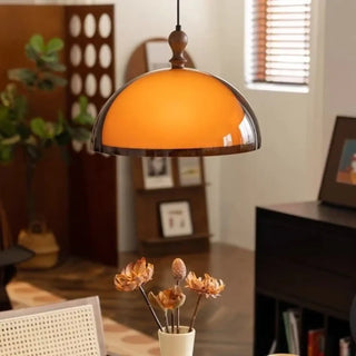 Contemporary retro pendant light, orange dome brown metal cozy ceiling fixture