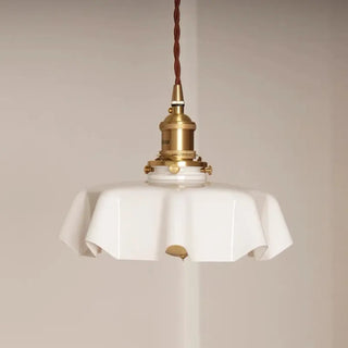 Decorative pink wavy glass pendant ceiling light, retro brass hanging lamp