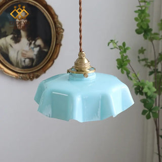 Aged brass pendant lamp with pink wavy glass shade, retro hanging ceiling fixture