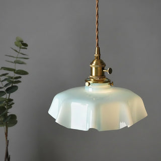 Pink wavy glass pendant light with brass fitting, retro decorative ceiling lamp