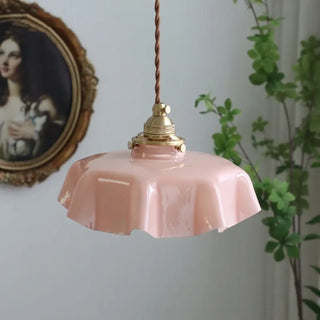 Retro pink wavy glass pendant lamp with aged brass, decorative hanging ceiling light