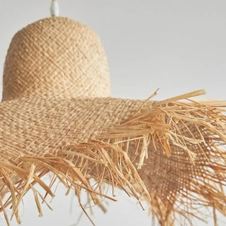 Rattan hat pendant, boho chic ceiling fixture, artisan woven natural lamp shade