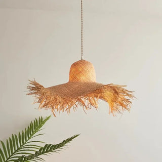 Handwoven rattan boho pendant, hat shape ceiling light, natural fiber hanging lamp