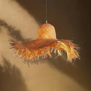 Bohemian rattan hat shaped pendant light, boho ceiling fixture for dining room