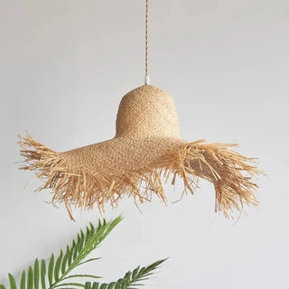 Wicker hat pendant light, bohemian dining room fixture, natural rattan design