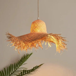 Natural rattan hat pendant lamp, bohemian woven design for eclectic interiors