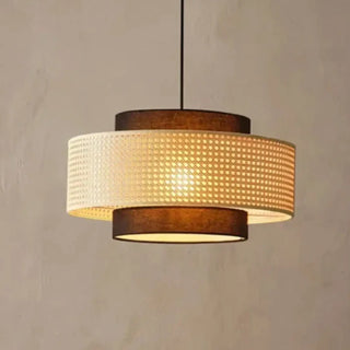 Elegant woven rattan drum pendant lamp, warm ambient ceiling hanging light